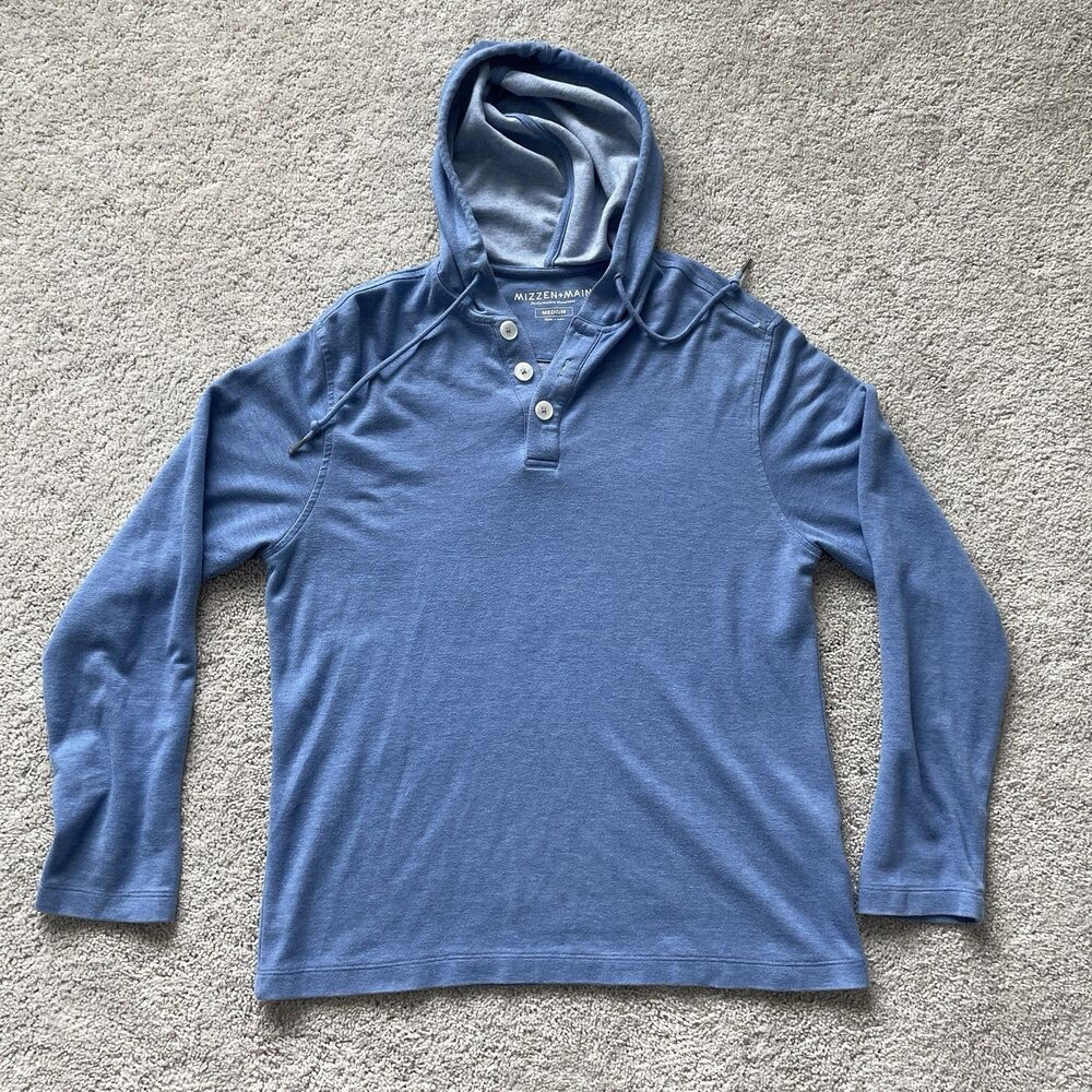 Mizzen+Main Hoodie Mens Medium Blue Henley Lightweight Tagless Jersey Cotton